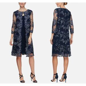 Alex Evenings Navy Blue Floral Embroidered Metallic Jacket Dress Sz 20W 2X Plus
